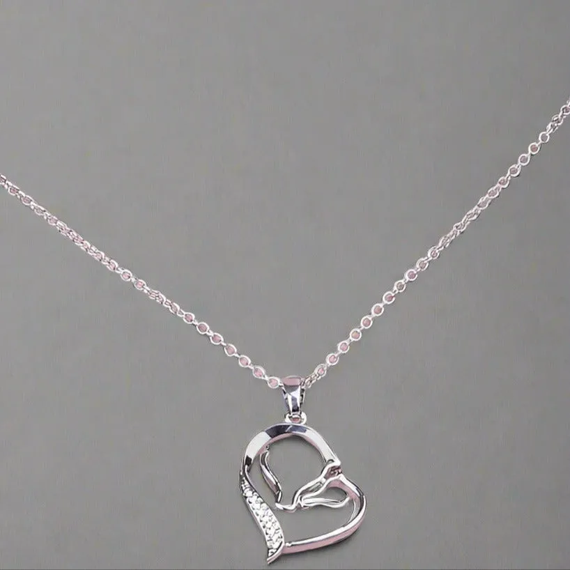 14K White Gold Plated Horse Mother & Baby Heart Necklace Pendant for Woman Horse Lover Gift
