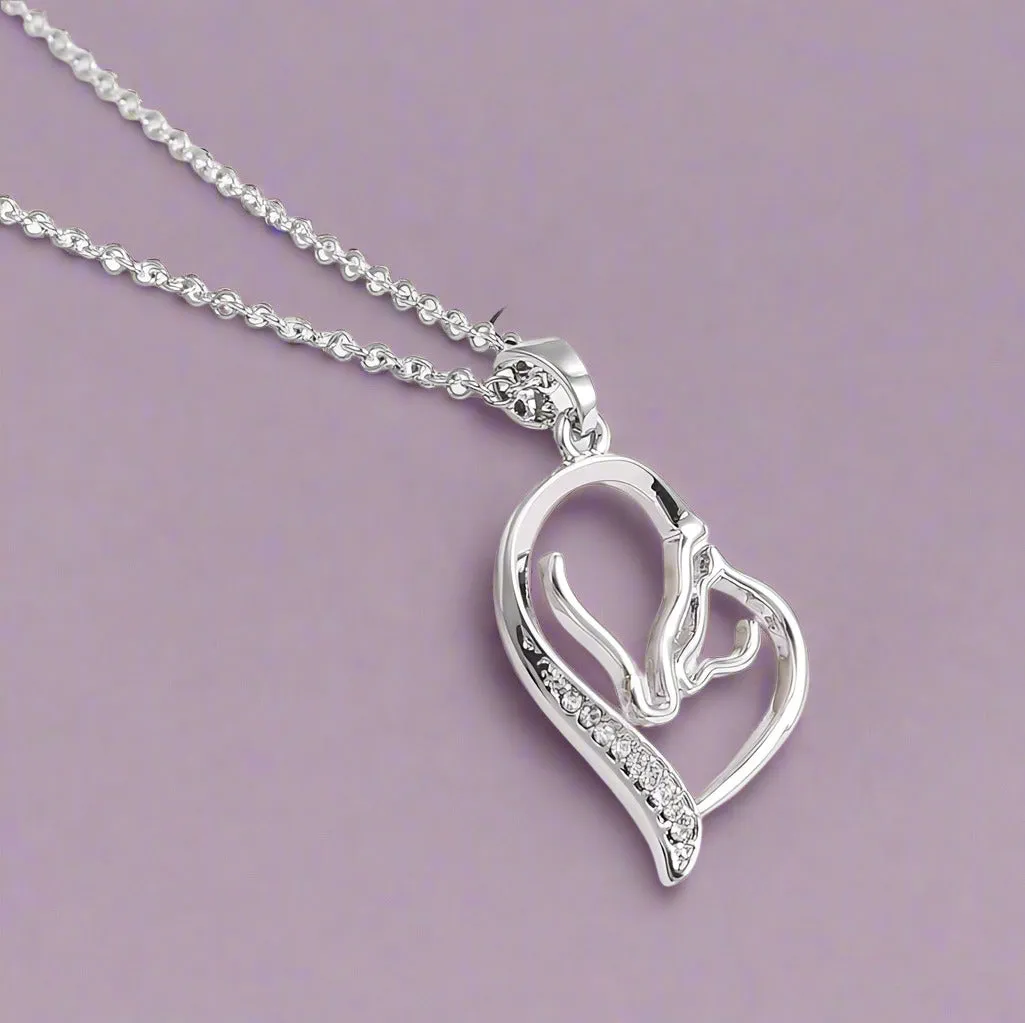14K White Gold Plated Horse Mother & Baby Heart Necklace Pendant for Woman Horse Lover Gift