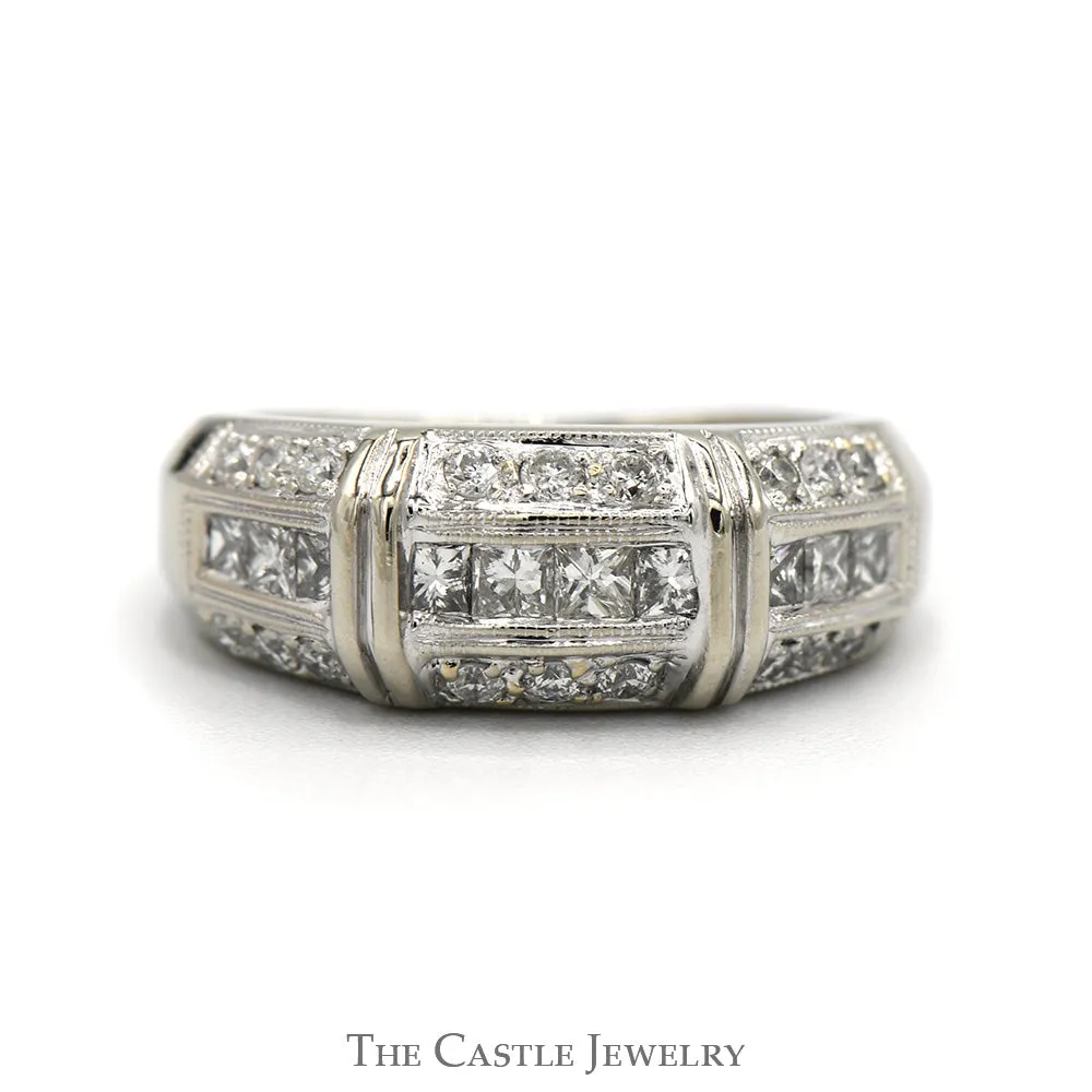 3/4cttw Channel Set Princess Cut Diamond Band with Round Diamond Edges in 14k White Gold
