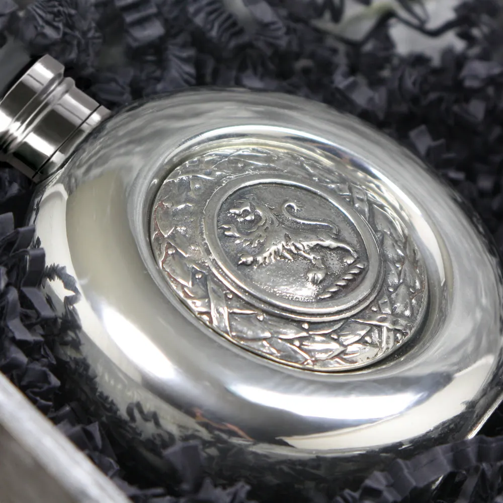 6oz Round Pewter Hip Flask with Scottish Lion Design
