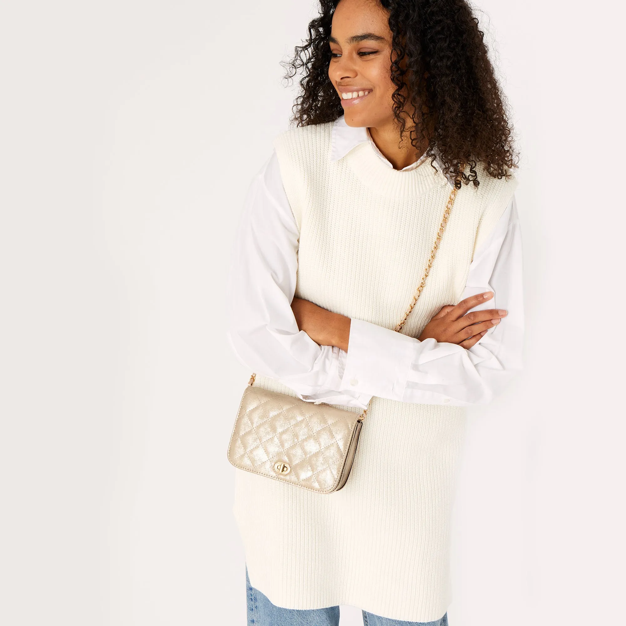 Accessorize London women's Faux Leather Rose gold Erin Quilted Sling bag