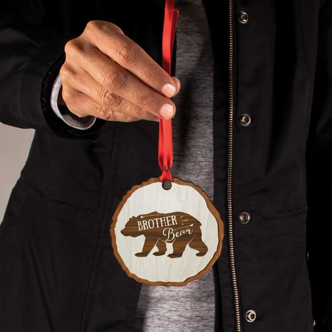 Andaz Press Real Wood Rustic Christmas Ornament, Engraved Wood Slab, Brother Bear