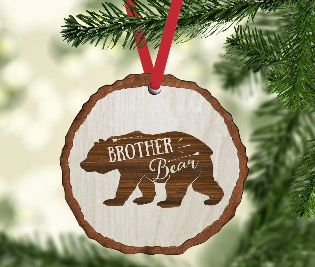 Andaz Press Real Wood Rustic Christmas Ornament, Engraved Wood Slab, Brother Bear