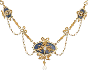 Art Nouveau Enamel, Diamond and Pearl Necklace