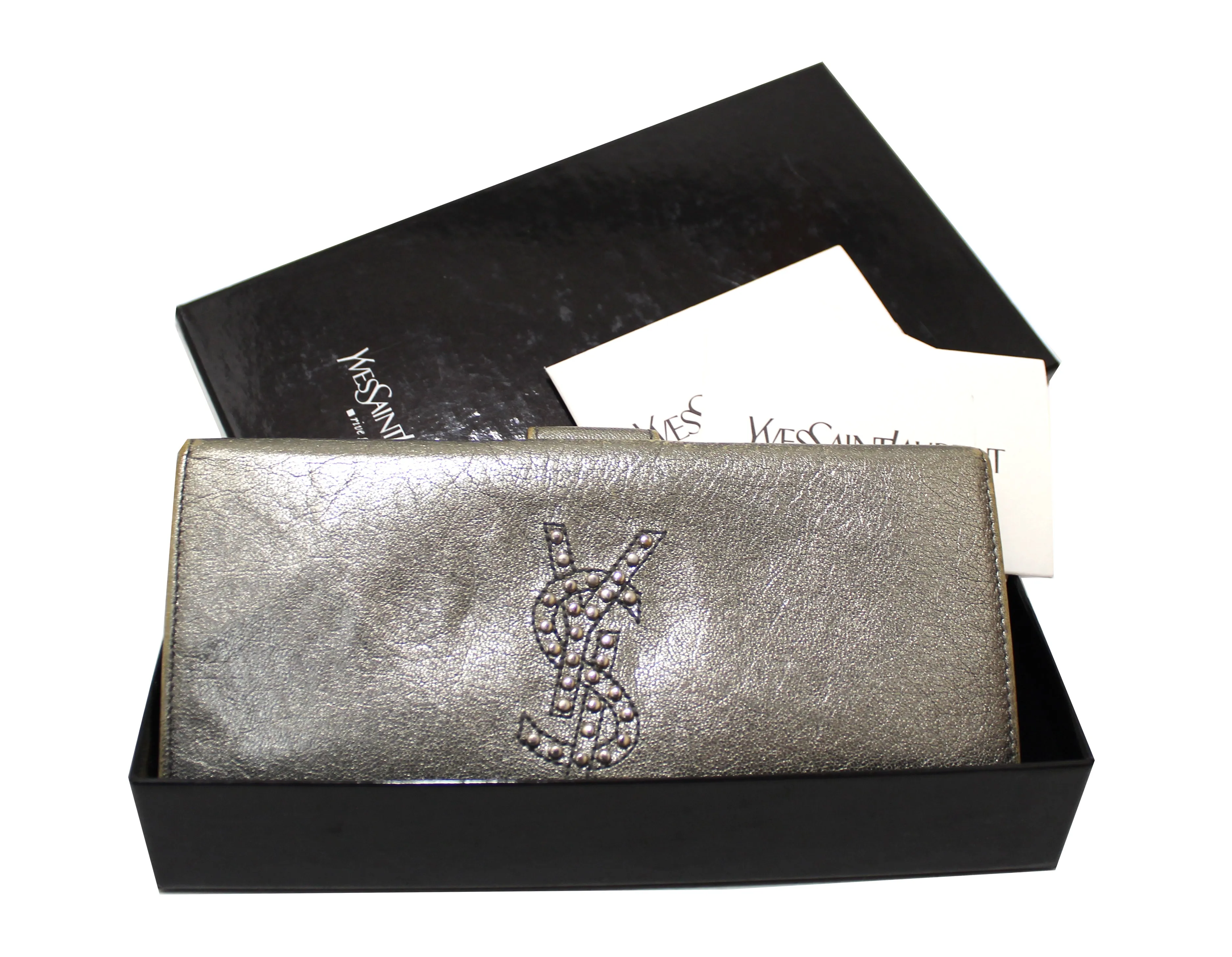 Authentic Yves Saint Laurent Metallic Silver Classic Long Wallet