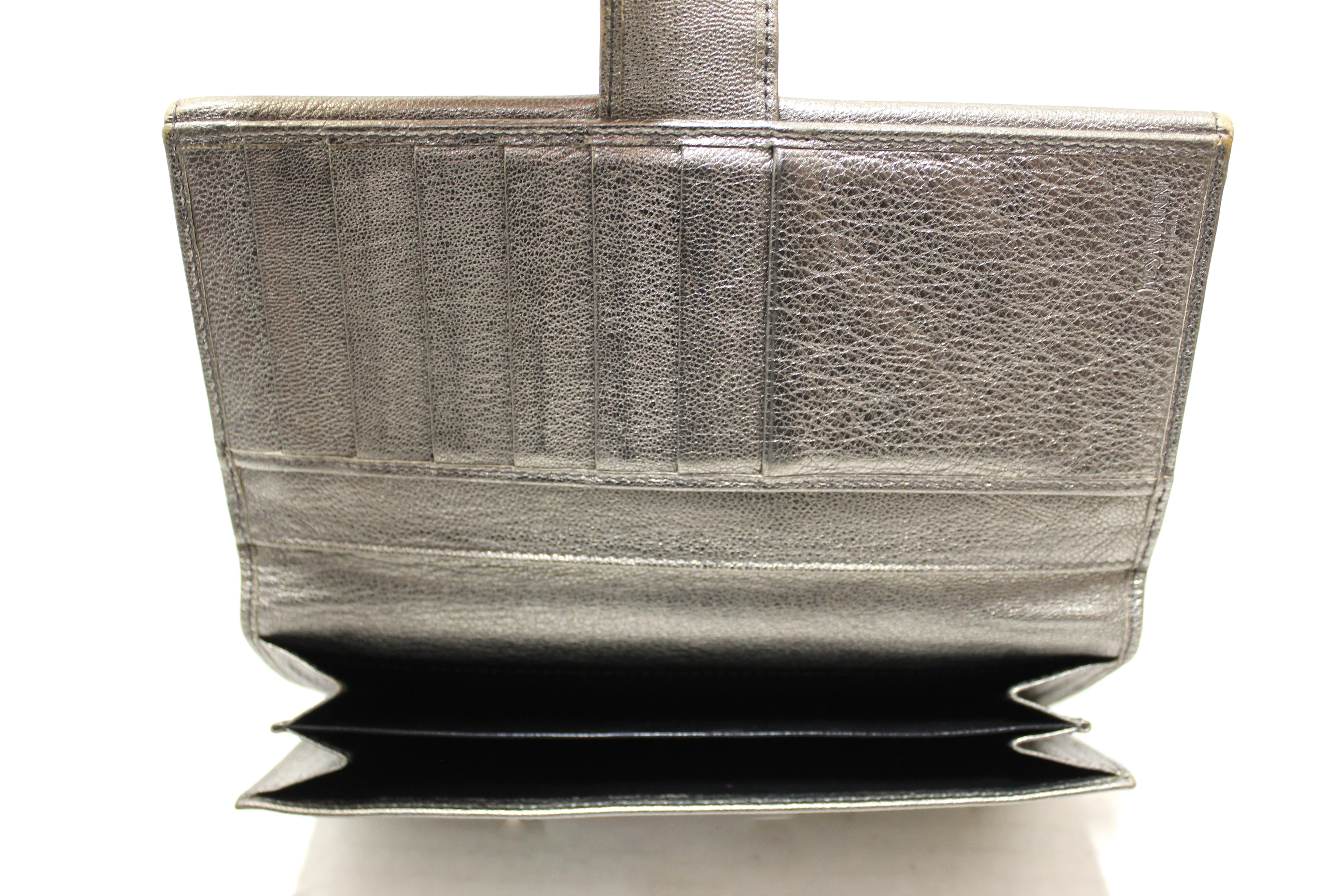 Authentic Yves Saint Laurent Metallic Silver Classic Long Wallet