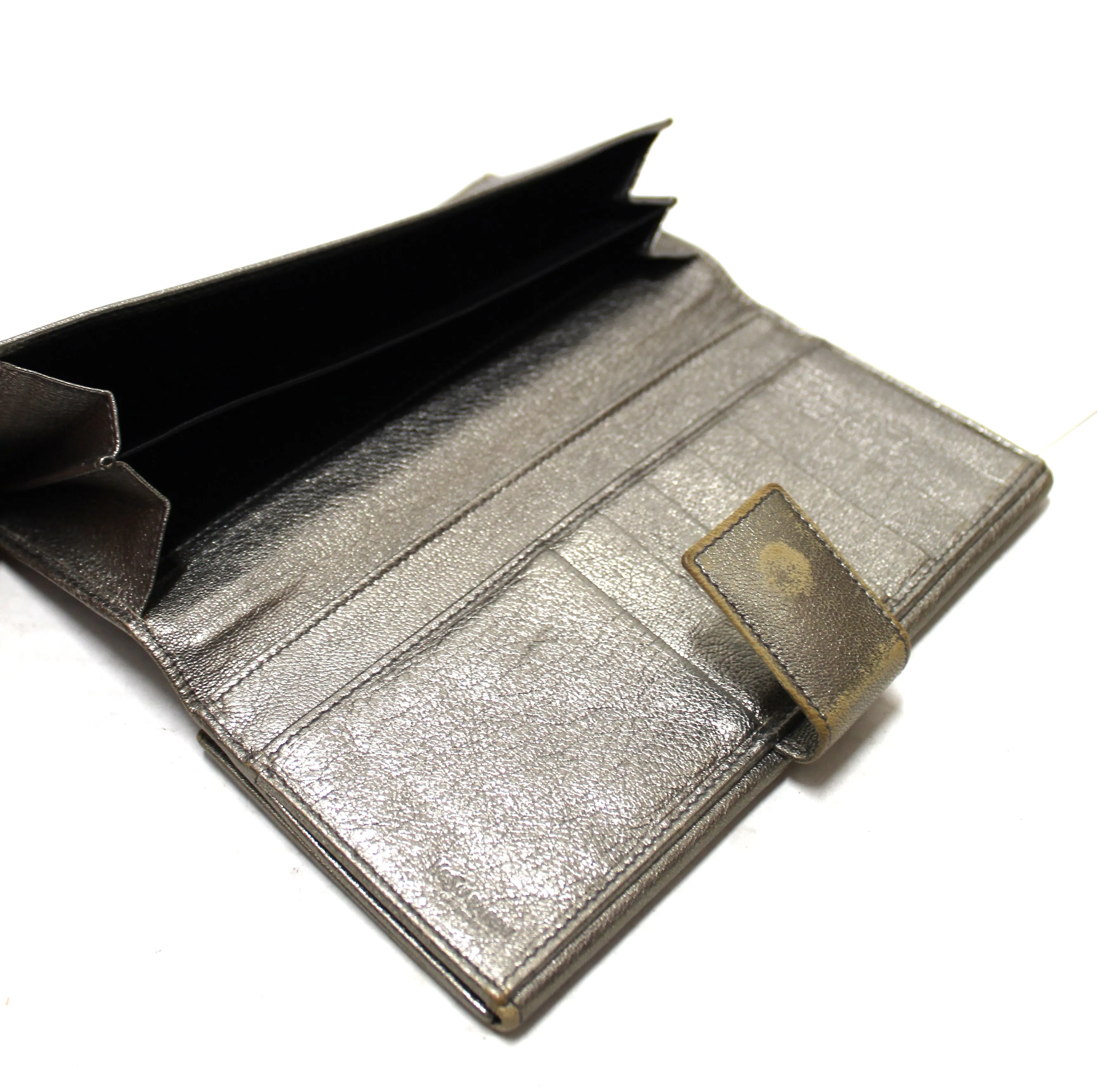 Authentic Yves Saint Laurent Metallic Silver Classic Long Wallet