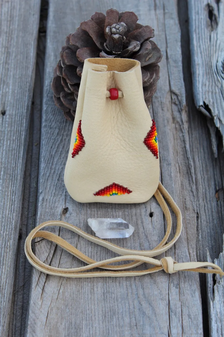 Beaded medicine bag, buckskin leather pouch