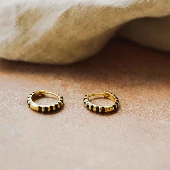 Black Fine Stripe Huggie Hoop 18ct Gold Plated Earrings EE15_GP