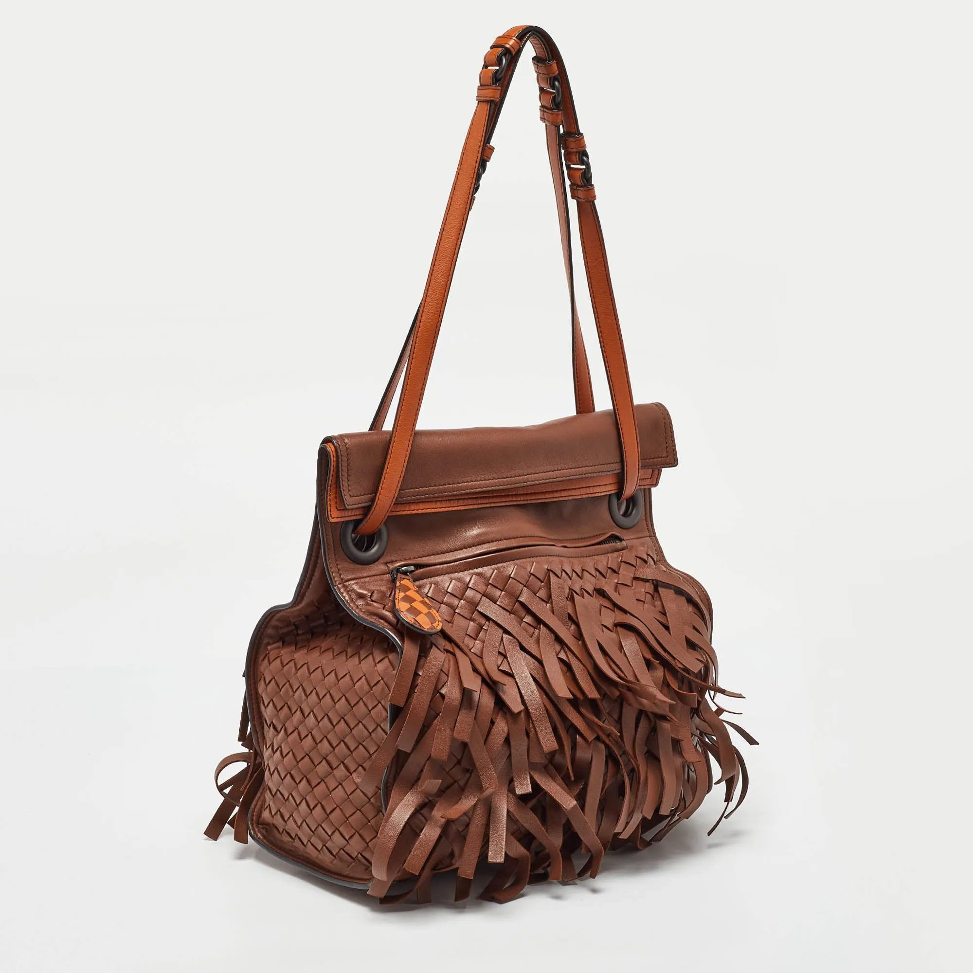 Bottega Veneta Brown/orange Leather Intrecciato Fringe Palio Tote