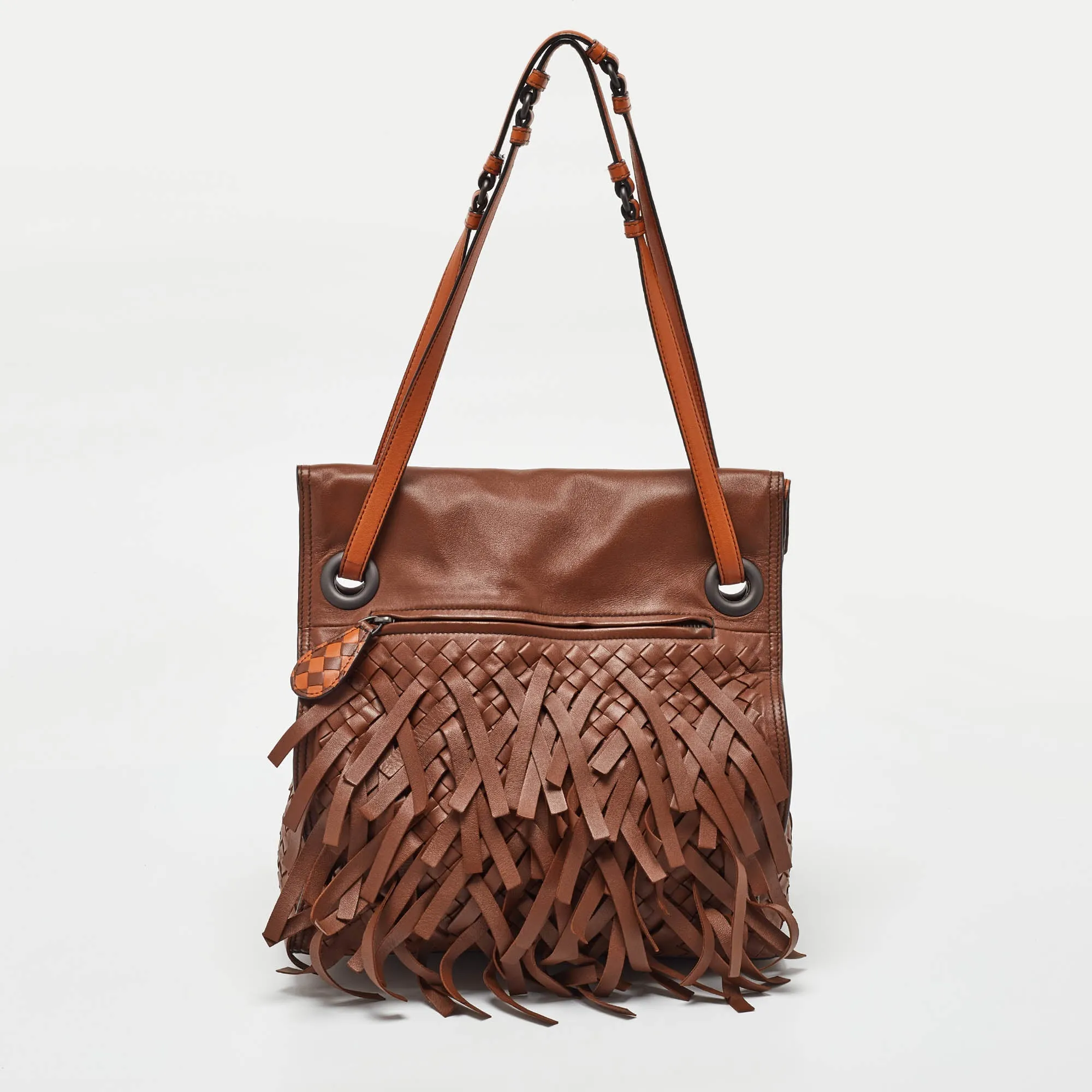 Bottega Veneta Brown/orange Leather Intrecciato Fringe Palio Tote