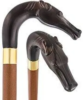 Brown Racing Dark Horse Walking Cane - Italian Handle w/ Custom Shaft and Collar