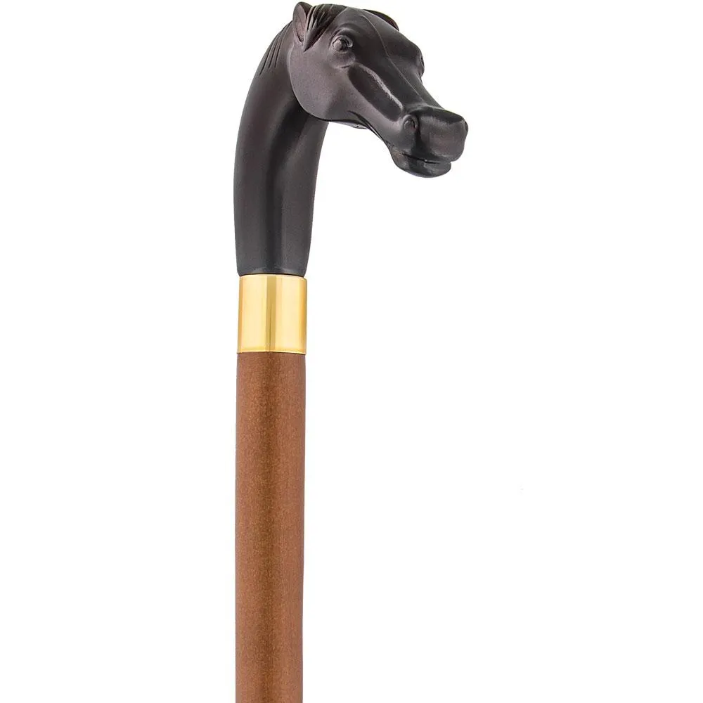 Brown Racing Dark Horse Walking Cane - Italian Handle w/ Custom Shaft and Collar