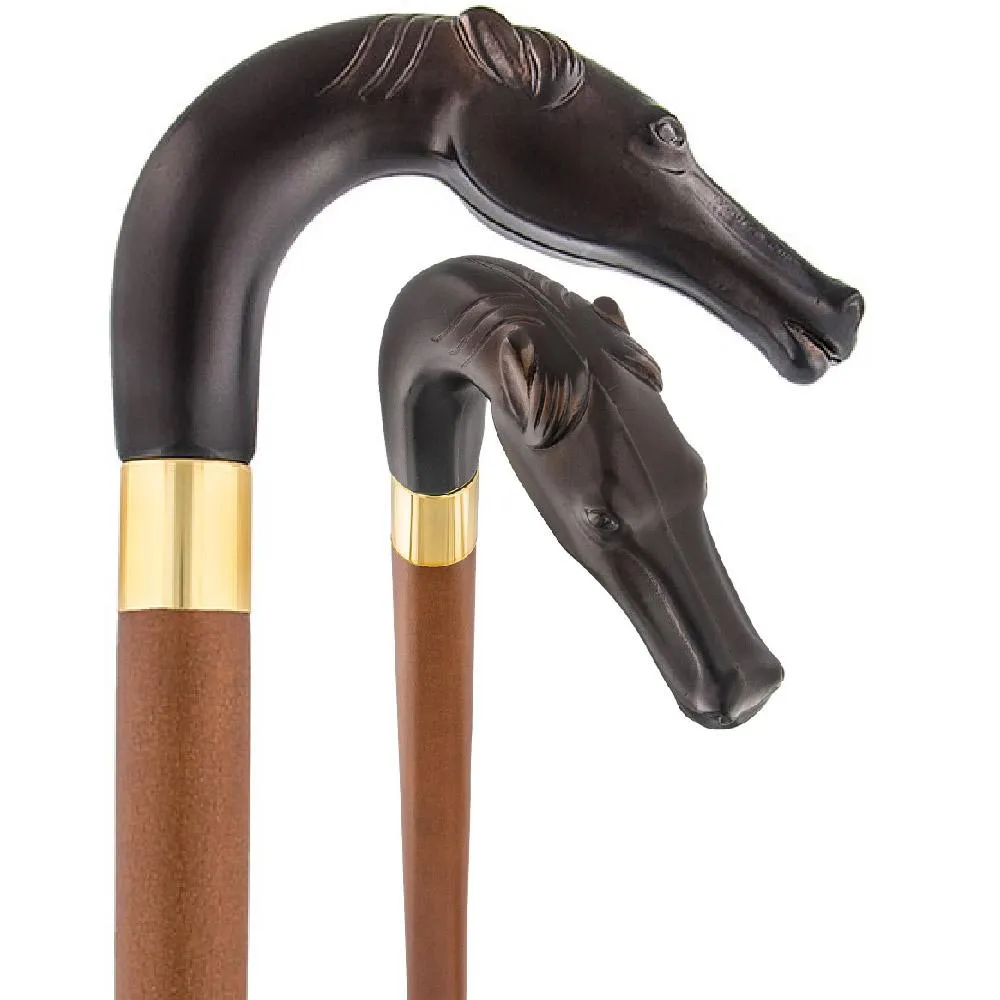Brown Racing Dark Horse Walking Cane - Italian Handle w/ Custom Shaft and Collar