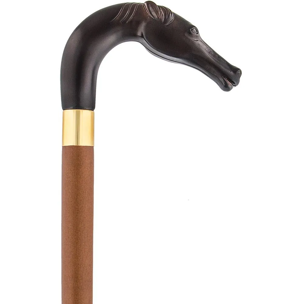 Brown Racing Dark Horse Walking Cane - Italian Handle w/ Custom Shaft and Collar