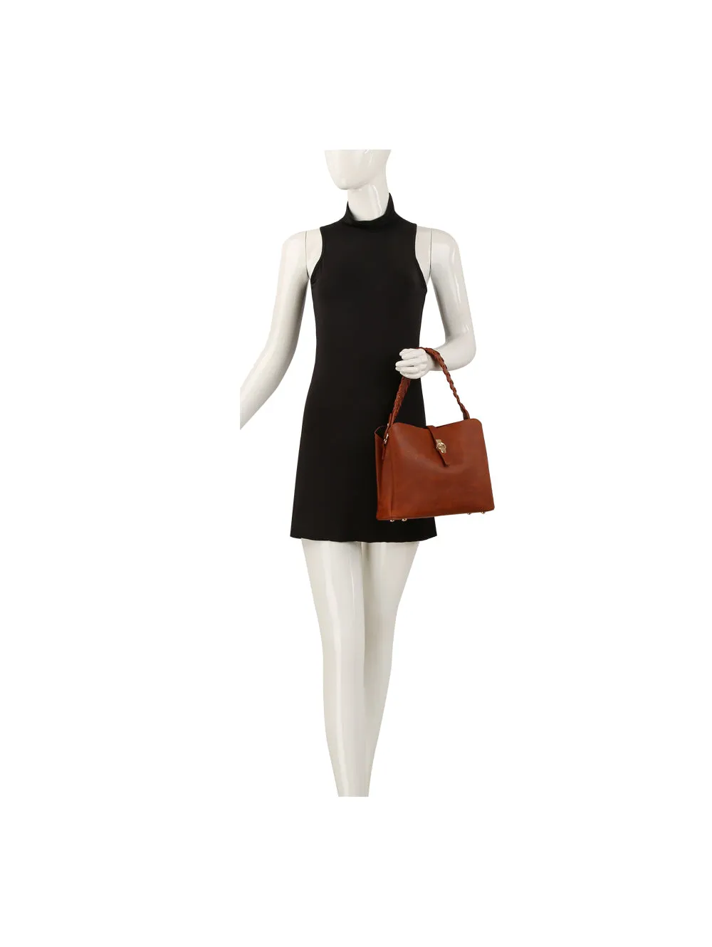 Buckle flap braided handle satchel bag