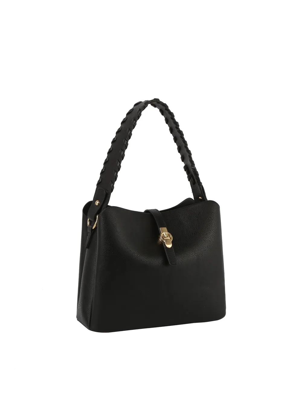 Buckle flap braided handle satchel bag