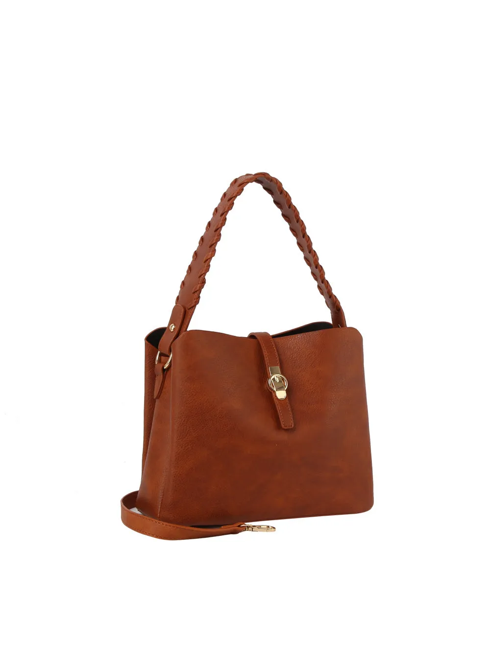 Buckle flap braided handle satchel bag