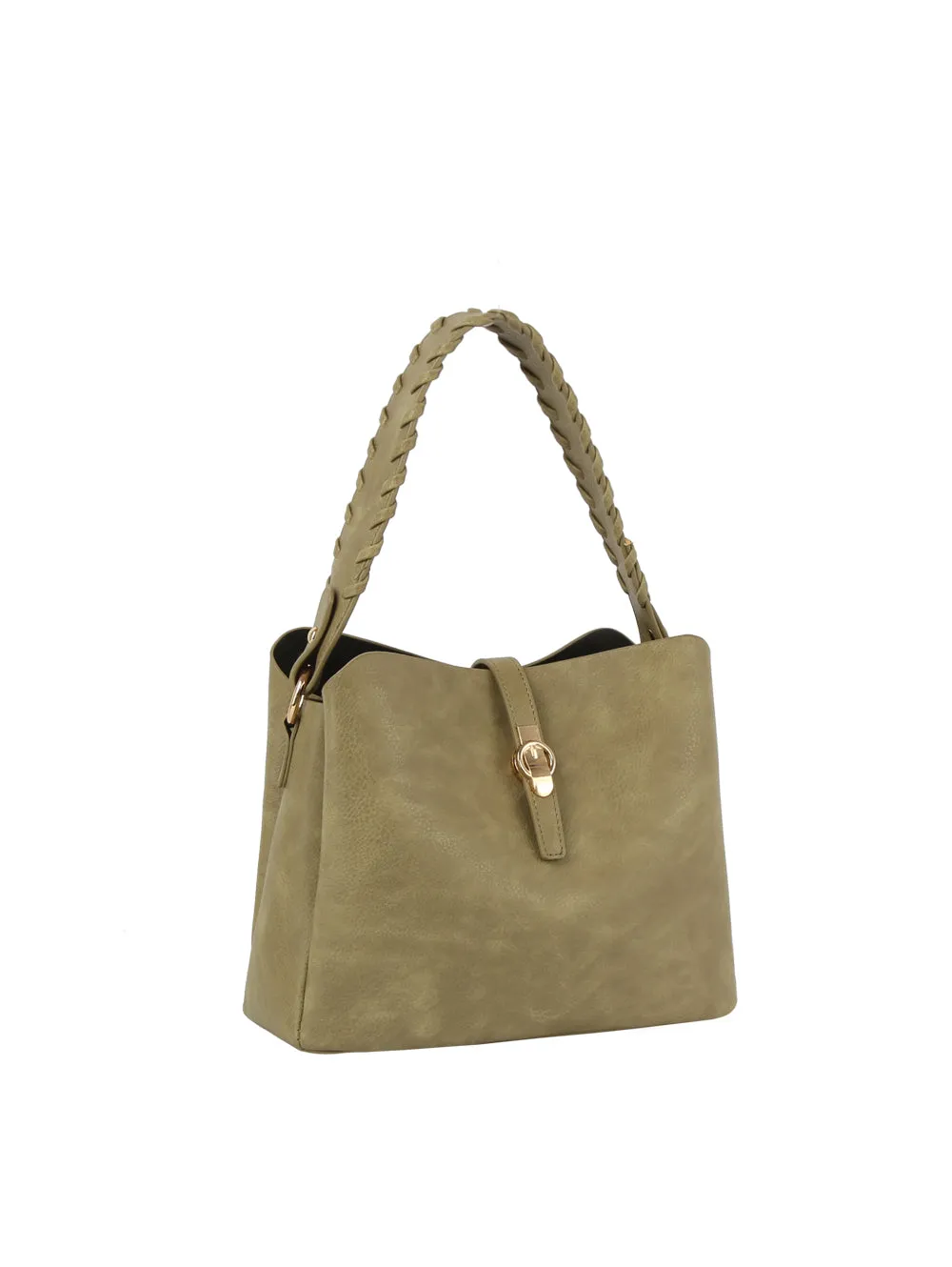 Buckle flap braided handle satchel bag