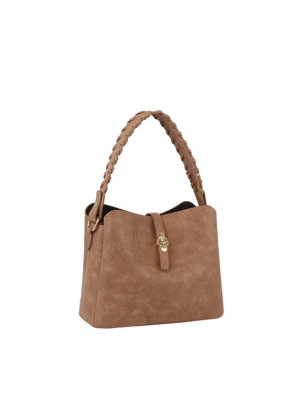 Buckle flap braided handle satchel bag