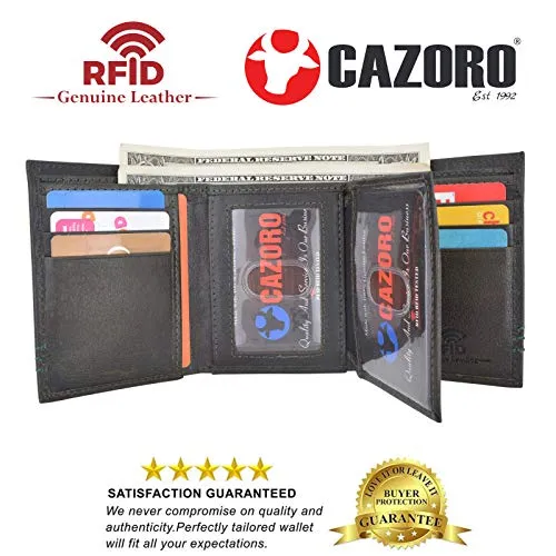 Cazoro Extra Capacity Trifold 2 ID Window Wallet for Men RFID Blocking Genuine Leather Wallet