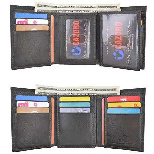 Cazoro Extra Capacity Trifold 2 ID Window Wallet for Men RFID Blocking Genuine Leather Wallet