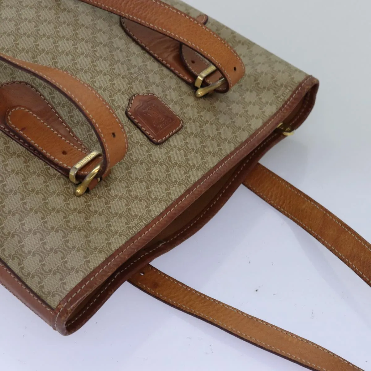 CELINE Macadam Canvas Tote Bag Beige Auth yk12586