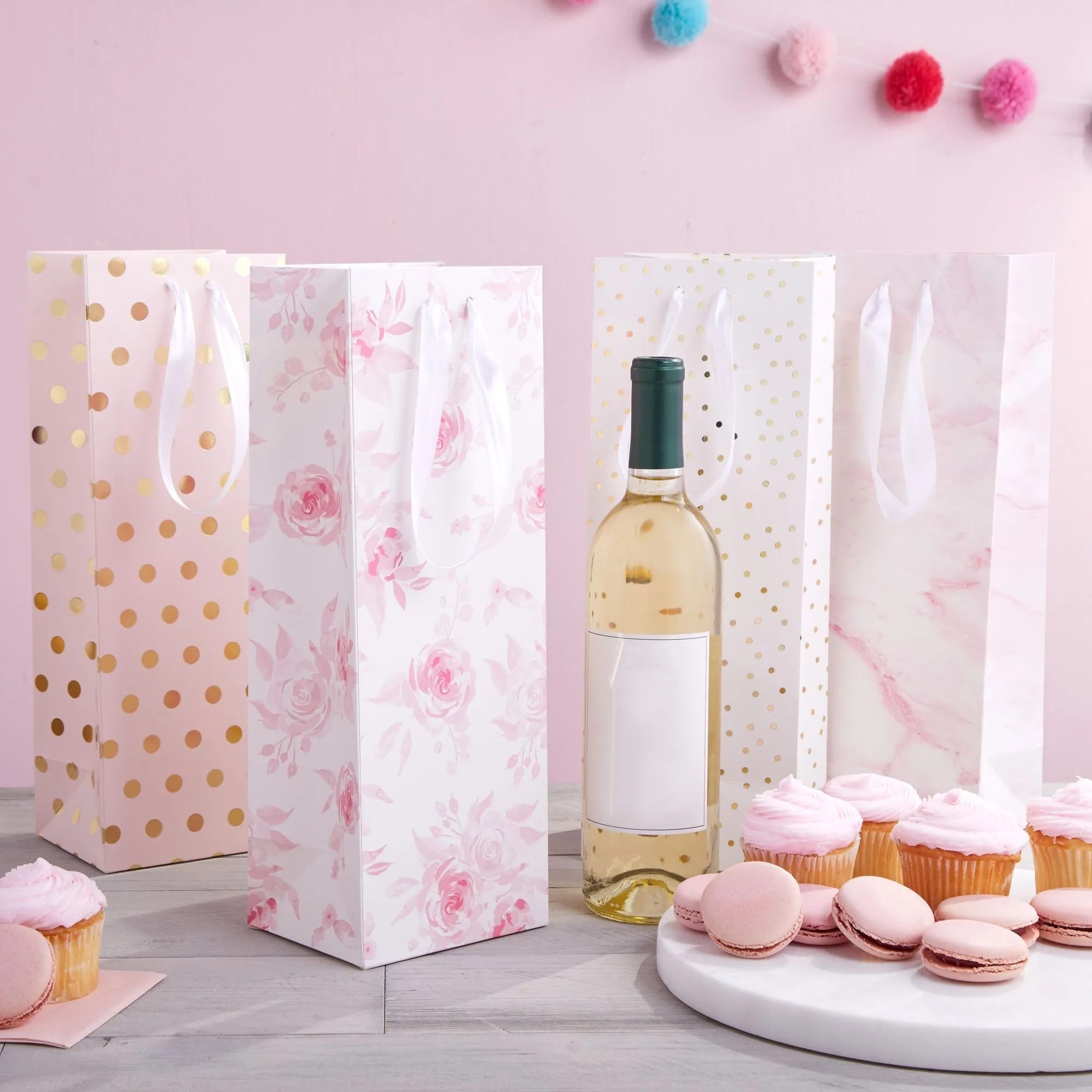 Champagne Wine Bottle Gift Bags for Bridal Shower and Weddings, 4 Designs (12 Pack)