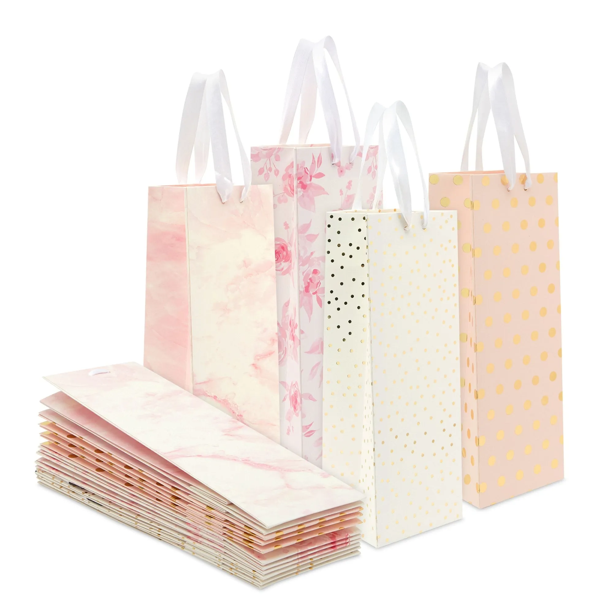 Champagne Wine Bottle Gift Bags for Bridal Shower and Weddings, 4 Designs (12 Pack)