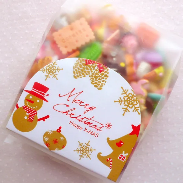 Christmas Packaging Bags / Translucent Plastic Bags with Christmas Base / Gift Wrapping Bags / Favor Packing Bag (5pcs / Gold & White) GB139