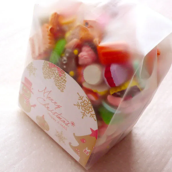 Christmas Packaging Bags / Translucent Plastic Bags with Christmas Base / Gift Wrapping Bags / Favor Packing Bag (5pcs / Gold & White) GB139