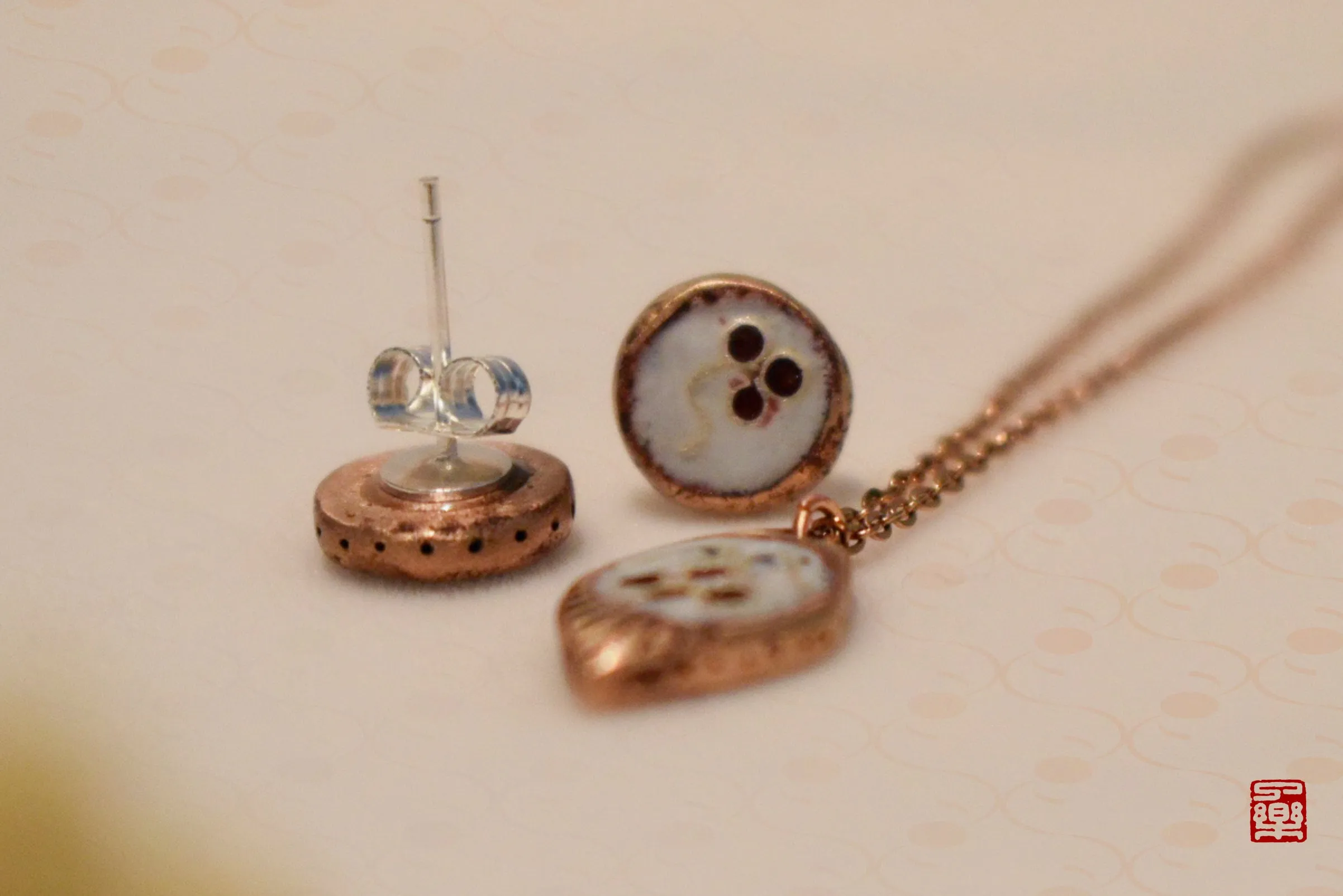 Cloisonné Enamel Bronze Artisan Handmade Bottlebrush & Bird Earrings & Pendant