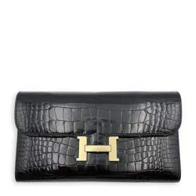 Constance Wallet Black Wallet in Shiny Alligator, Permabrass hardware