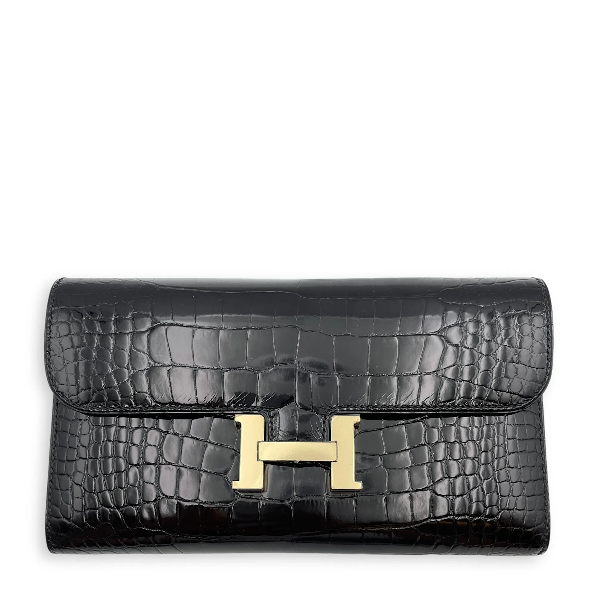 Constance Wallet Black Wallet in Shiny Alligator, Permabrass hardware