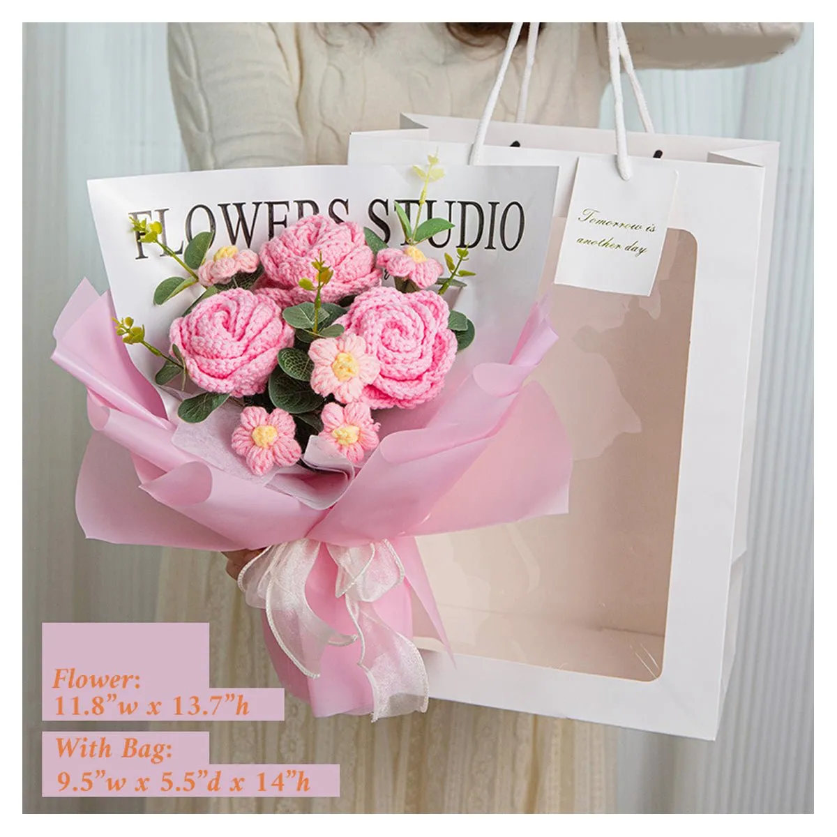 Crochet Flower Bouquet Roses LED Wedding Birthday Gift for Mom Girlfriend