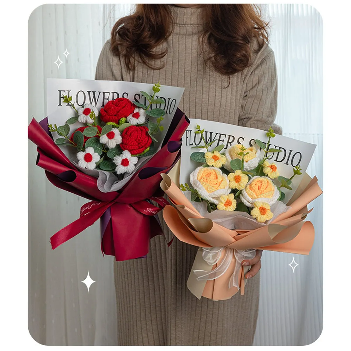 Crochet Flower Bouquet Roses LED Wedding Birthday Gift for Mom Girlfriend