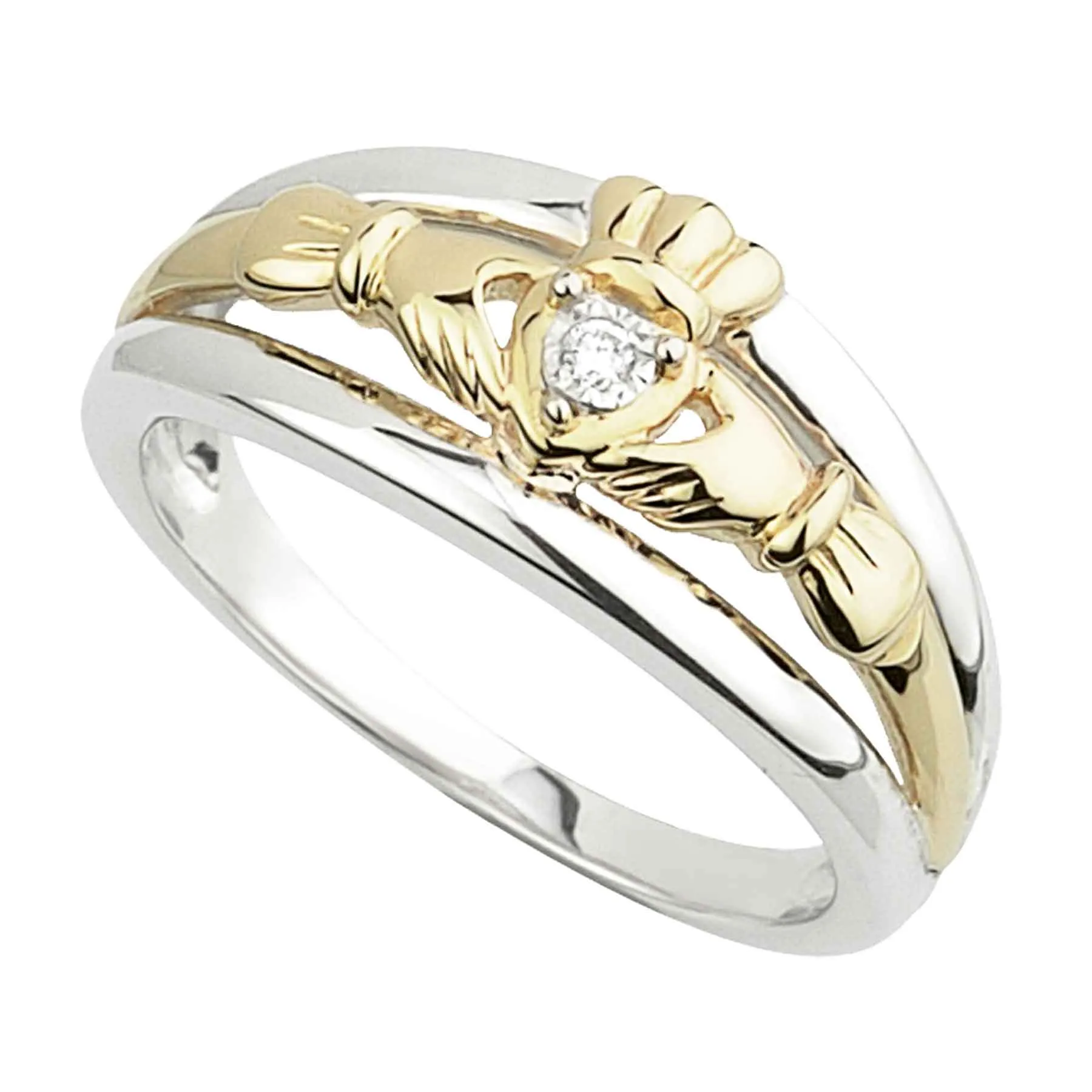 Diamond Claddagh Ring- 10K Gold and Silver
