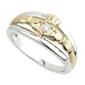 Diamond Claddagh Ring- 10K Gold and Silver