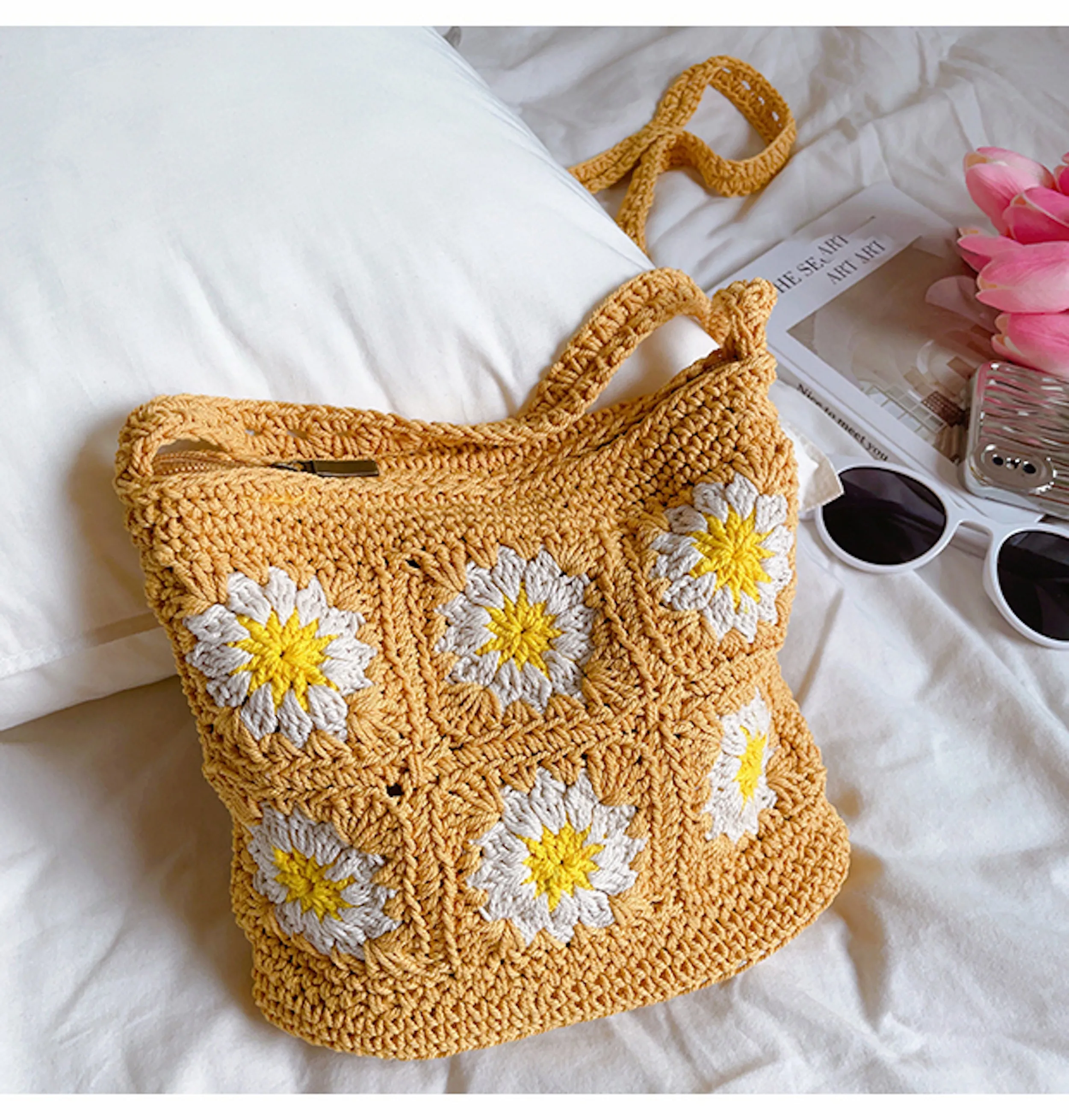 Elena Handbags Handmade Crochet Floral Square Shoulder Bag