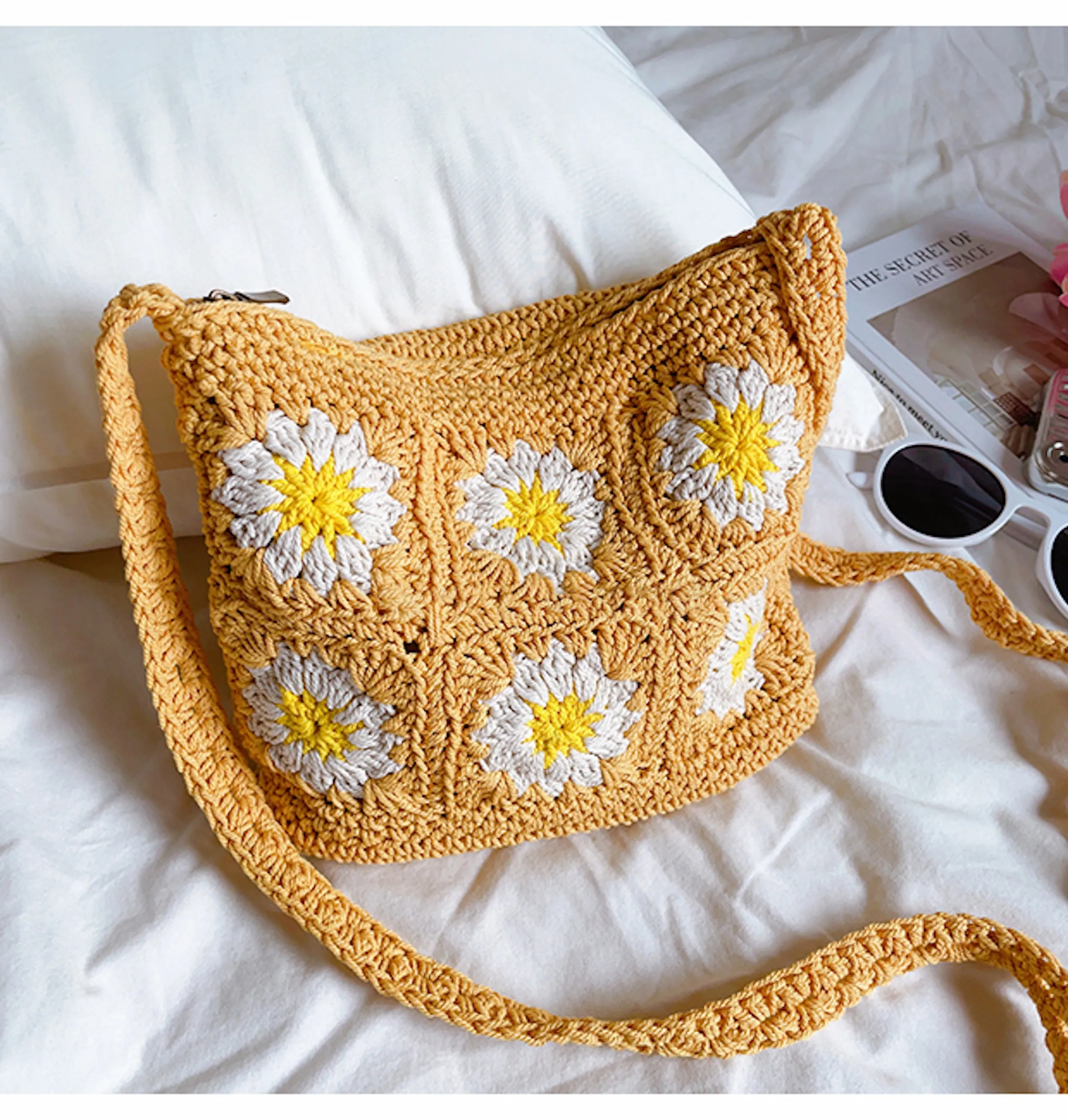 Elena Handbags Handmade Crochet Floral Square Shoulder Bag