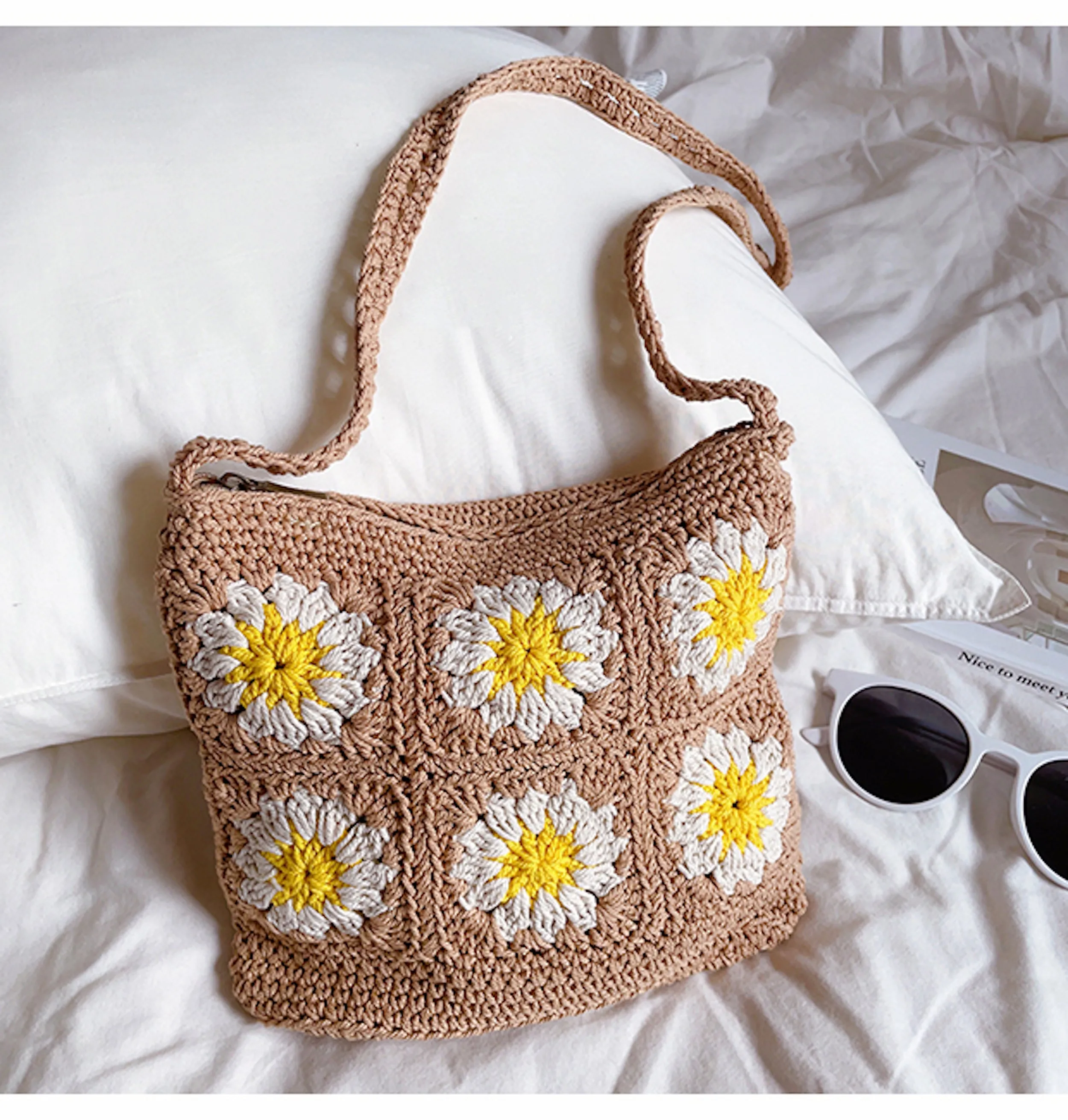 Elena Handbags Handmade Crochet Floral Square Shoulder Bag