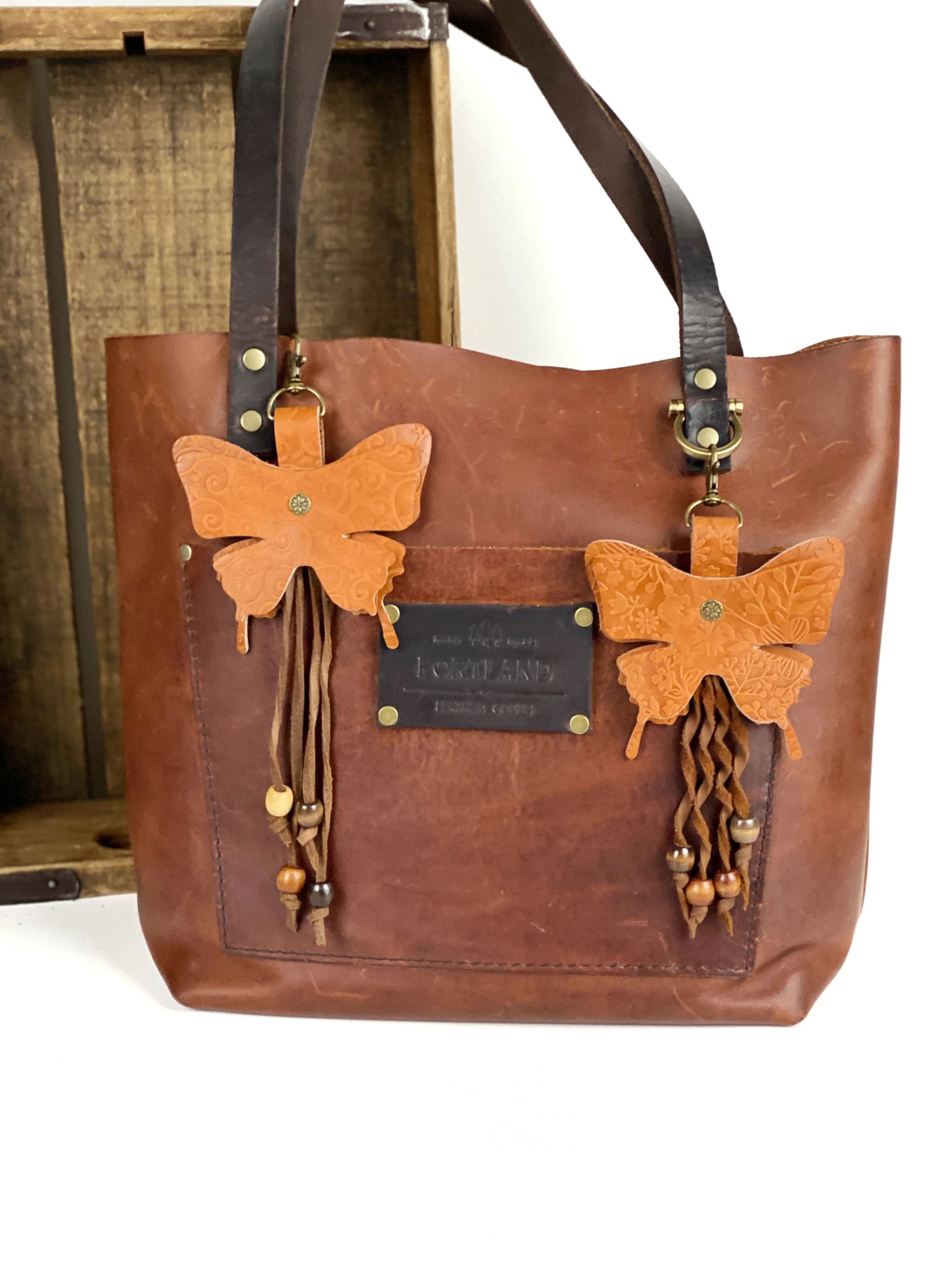 Embossed Leather Butterfly Keyring Purse Charm Beaded Twisted Fringe Bag Clip on Fob