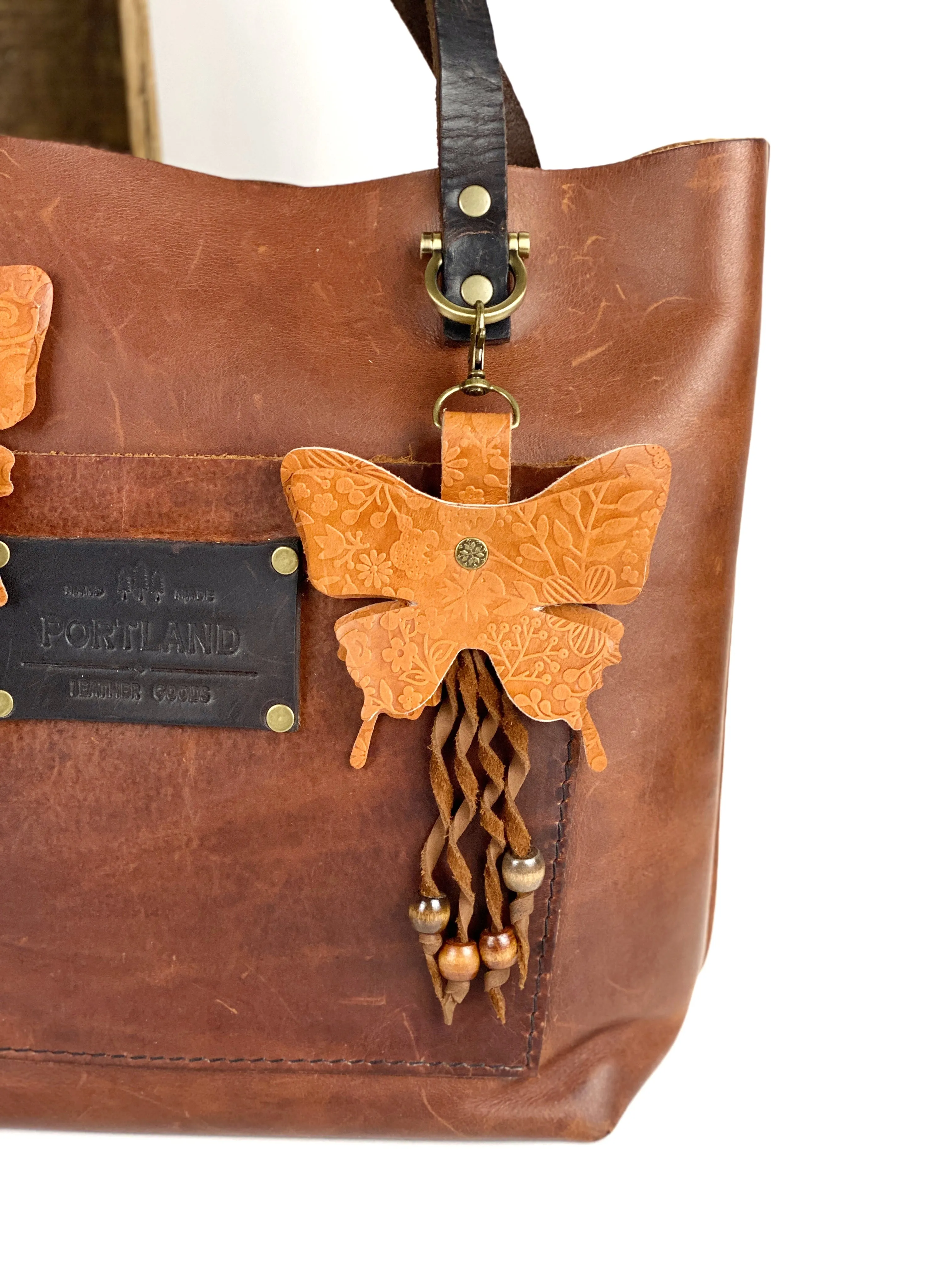 Embossed Leather Butterfly Keyring Purse Charm Beaded Twisted Fringe Bag Clip on Fob