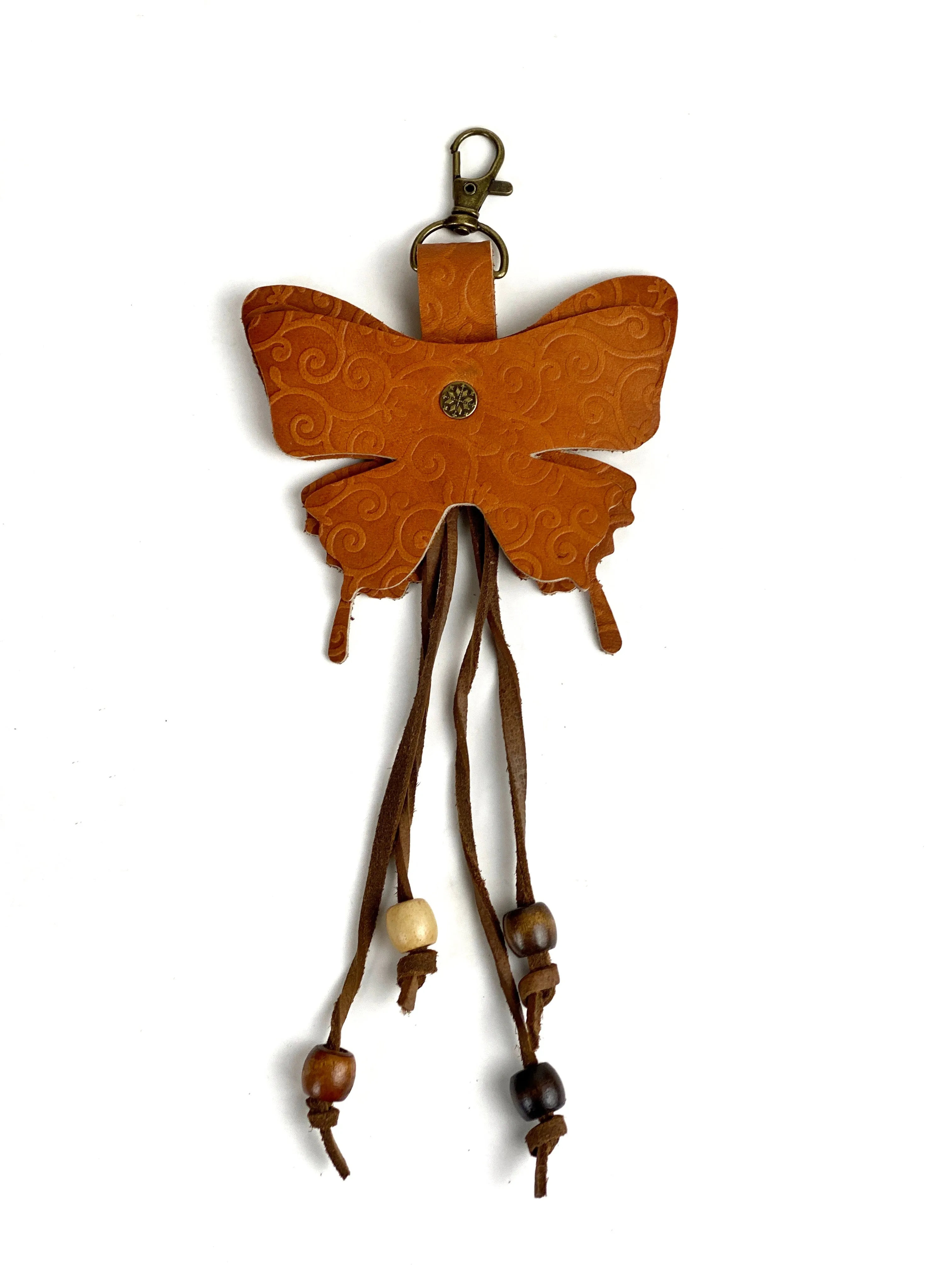 Embossed Leather Butterfly Keyring Purse Charm Beaded Twisted Fringe Bag Clip on Fob