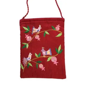 Embroidered Passport Bag - Birds - Maroon