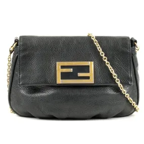 FENDI Leather Chain Shoulder Bag Purse Black 8M0276