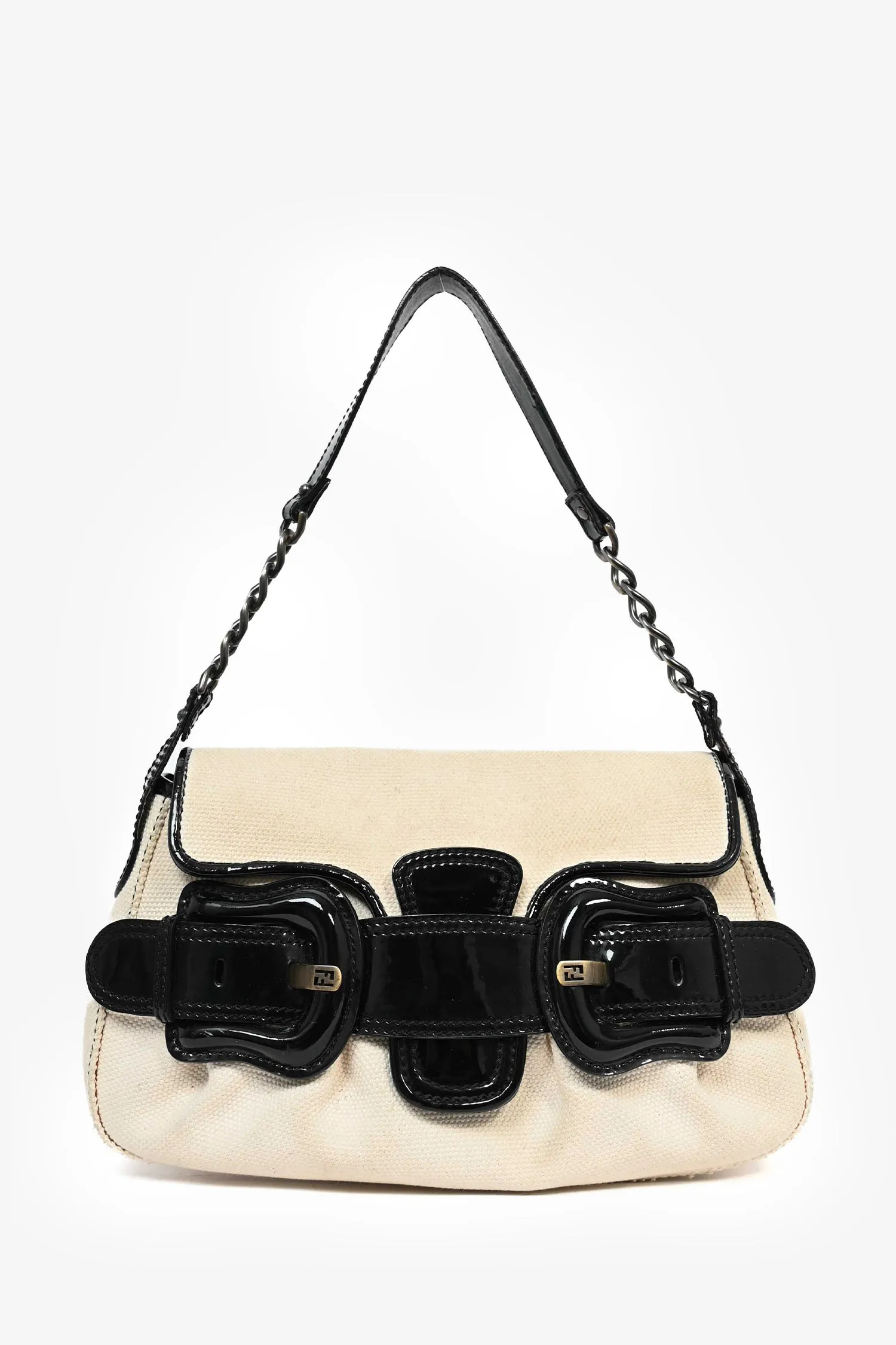 Fendi Vintage Cream Canvas Black Patent Leather Trim 'B Bis' Shoulder Bag