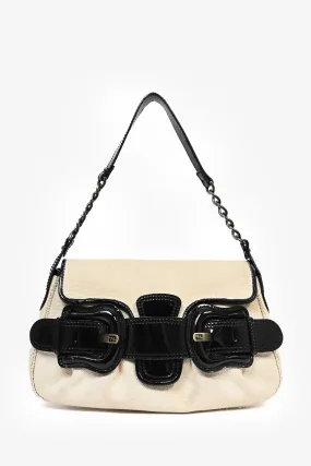 Fendi Vintage Cream Canvas Black Patent Leather Trim 'B Bis' Shoulder Bag