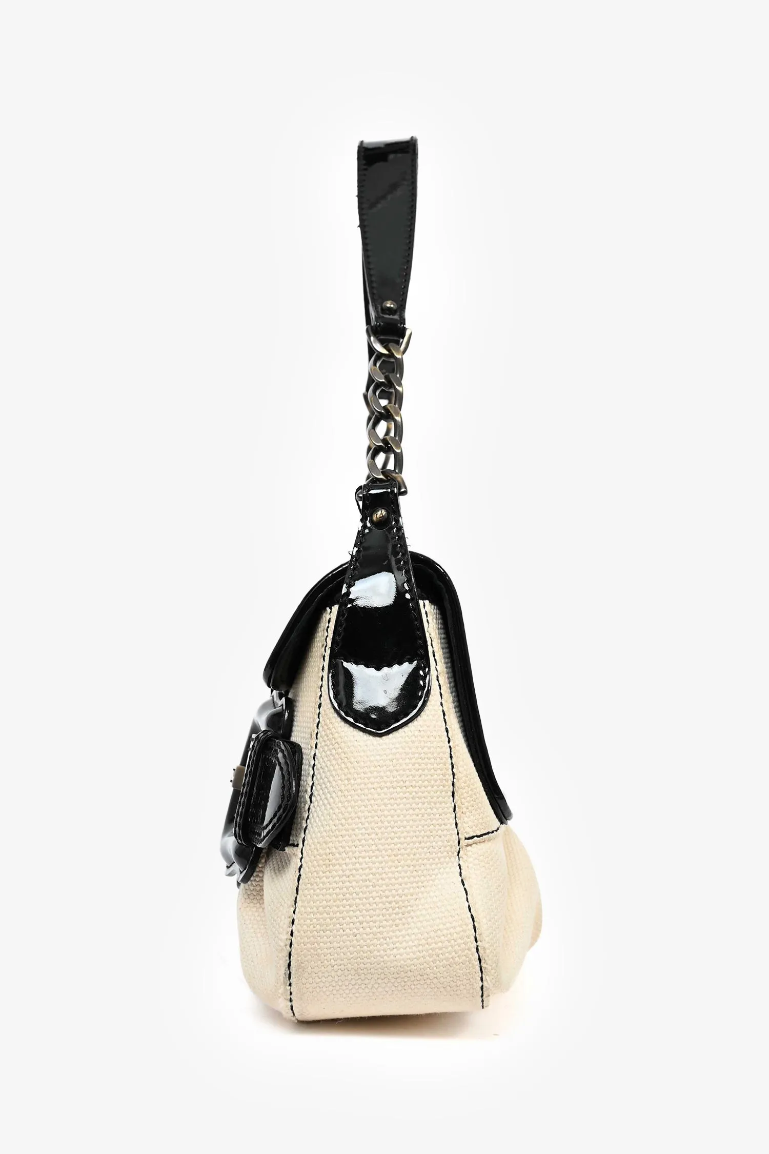 Fendi Vintage Cream Canvas Black Patent Leather Trim 'B Bis' Shoulder Bag