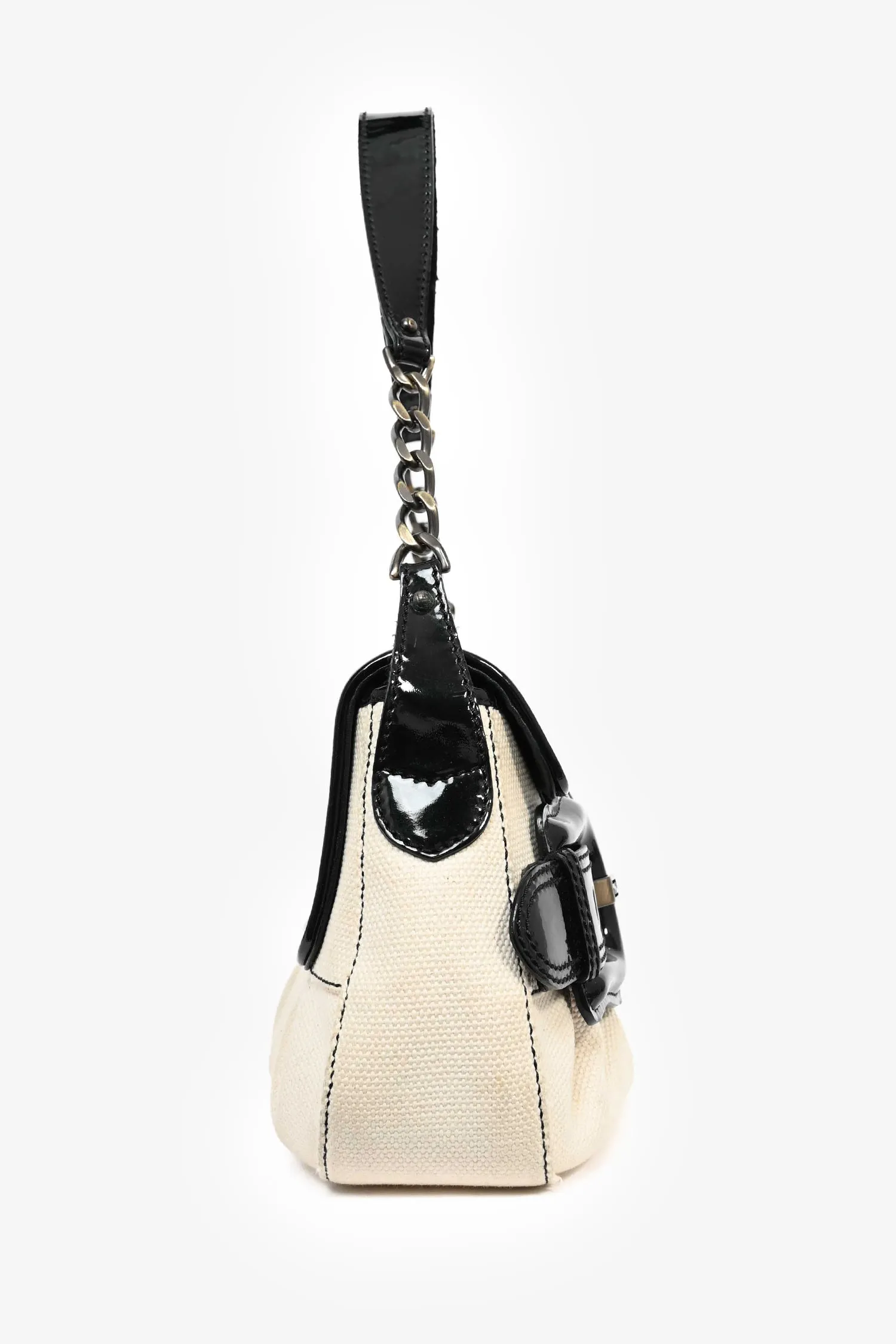Fendi Vintage Cream Canvas Black Patent Leather Trim 'B Bis' Shoulder Bag